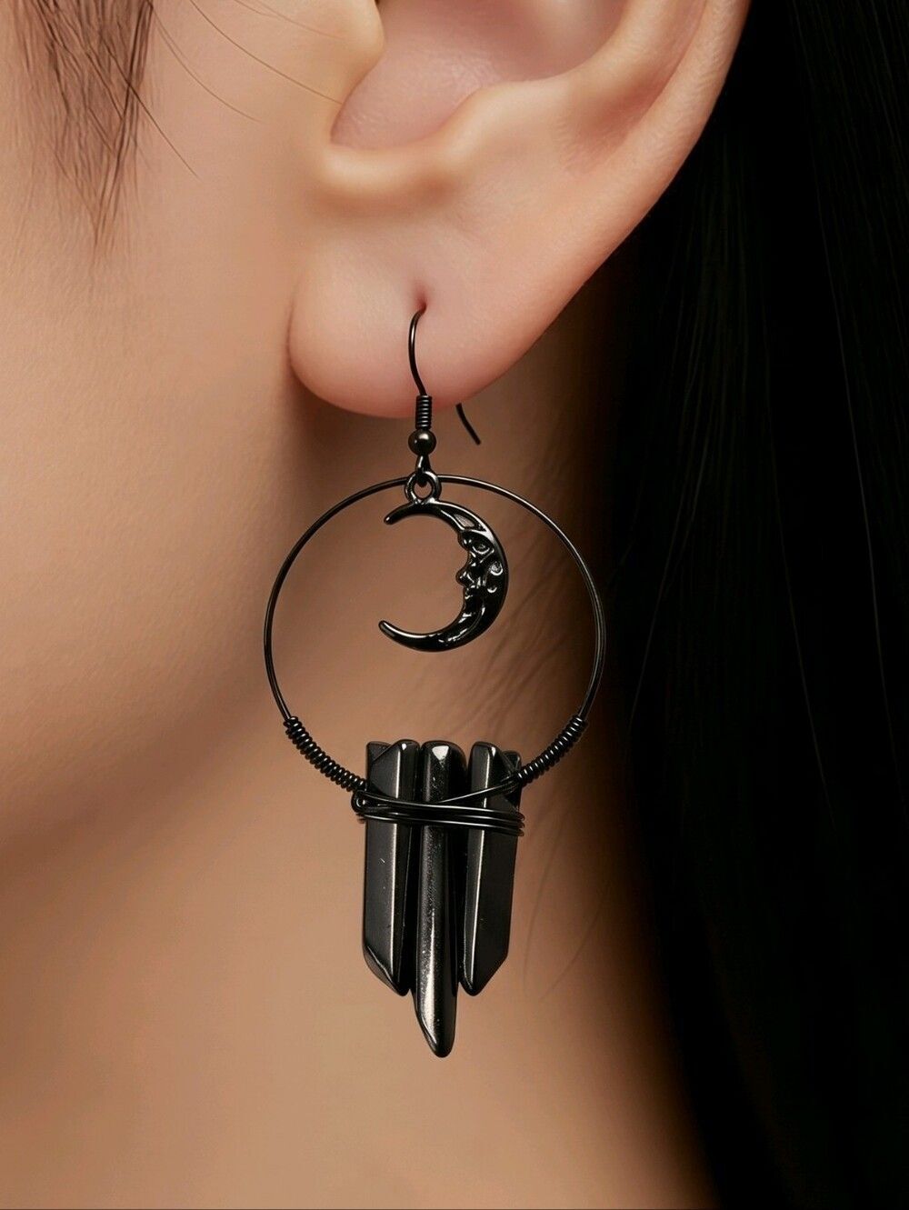 Black Moon Crystal Earrings Celestial Gothic Witchy Jewelry Dark Feminine NWT